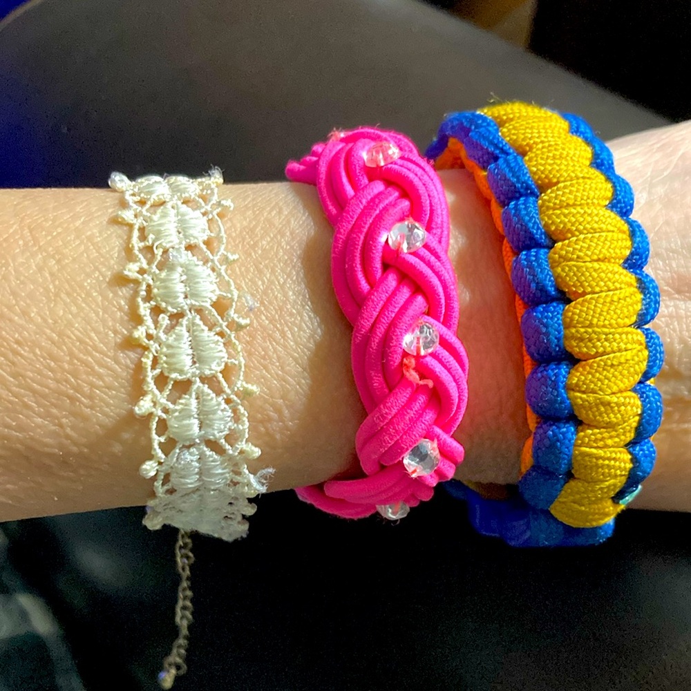 3 cloth braided, lace bracelets.